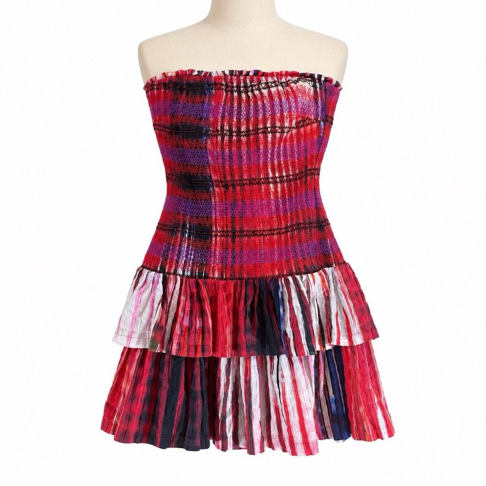 Plenty by Tracy Reese Strapless Smocked Tiered Dress Size S Red Plaid